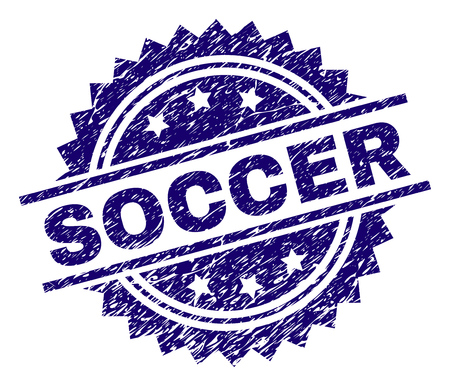 SOCCER stamp seal watermark with distress style. Blue vector rubber print of SOCCER caption with unclean texture.のイラスト素材