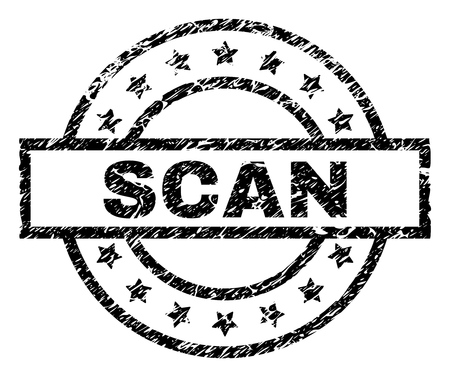 SCAN stamp seal watermark with distress style. Designed with rectangle, circles and stars. Black vector rubber print of SCAN caption with corroded texture.のイラスト素材