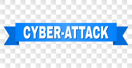 CYBER-ATTACK text on a ribbon. Designed with white title and blue tape. Vector banner with CYBER-ATTACK tag on a transparent background.のイラスト素材
