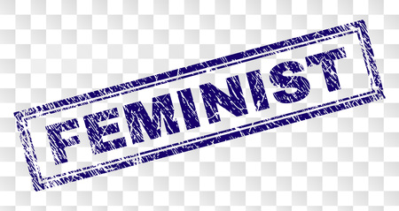 FEMINIST stamp seal watermark with rubber print style and double framed rectangle shape. Stamp is placed on a transparent background. Blue vector rubber print of FEMINIST text with corroded texture.のイラスト素材