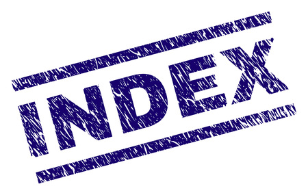 INDEX seal print with grunge style. Blue vector rubber print of INDEX text with grunge texture. Text tag is placed between parallel lines.のイラスト素材