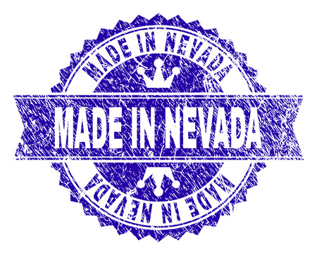MADE IN NEVADA rosette stamp watermark with grunge style. Designed with round rosette, ribbon and small crowns. Blue vector rubber watermark of MADE IN NEVADA text with grunge texture.のイラスト素材
