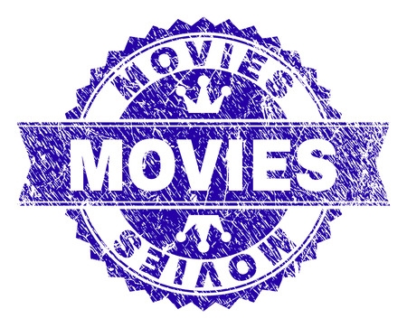 MOVIES rosette seal watermark with distress texture. Designed with round rosette, ribbon and small crowns. Blue vector rubber watermark of MOVIES label with scratched style.のイラスト素材