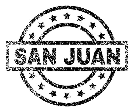 SAN JUAN stamp seal watermark with distress style. Designed with rectangle, circles and stars. Black vector rubber print of SAN JUAN label with grunge texture.のイラスト素材