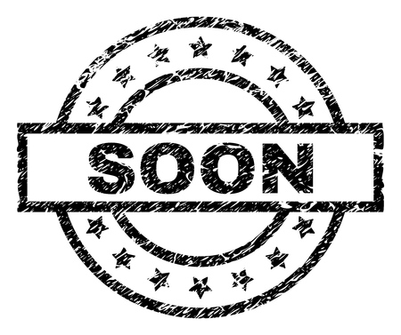 SOON stamp seal watermark with distress style. Designed with rectangle, circles and stars. Black vector rubber print of SOON text with scratched texture.のイラスト素材