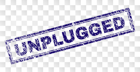 UNPLUGGED stamp seal watermark with rubber print style and double framed rectangle shape. Stamp is placed on a transparent background. Blue vector rubber print of UNPLUGGED title with dust texture.のイラスト素材