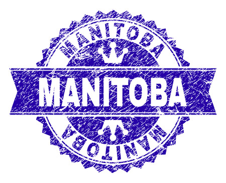 MANITOBA rosette stamp seal watermark with distress style. Designed with round rosette, ribbon and small crowns. Blue vector rubber watermark of MANITOBA text with grunge style.のイラスト素材