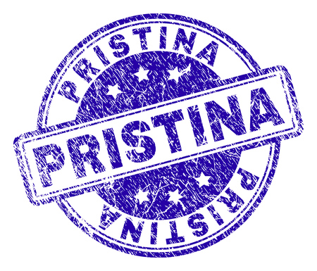 PRISTINA stamp seal imprint with distress texture. Designed with rounded rectangles and circles. Blue vector rubber print of PRISTINA label with dust texture.のイラスト素材