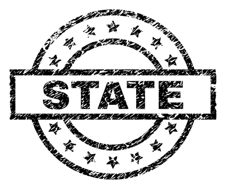 STATE stamp seal watermark with distress style. Designed with rectangle, circles and stars. Black vector rubber print of STATE text with retro texture.のイラスト素材