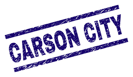 CARSON CITY seal watermark with grunge style. Blue vector rubber print of CARSON CITY text with grunge texture. Text label is placed between parallel lines.