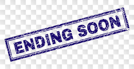 ENDING SOON stamp seal print with rubber print style and double framed rectangle shape. Stamp is placed on a transparent background. Blue vector rubber print of ENDING SOON tag with dirty texture.のイラスト素材