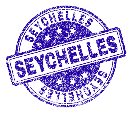 SEYCHELLES stamp seal imprint with grunge texture. Designed with rounded rectangles and circles. Blue vector rubber print of SEYCHELLES title with scratched texture.のイラスト素材