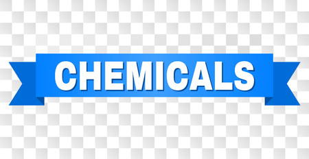 CHEMICALS text on a ribbon. Designed with white title and blue tape. Vector banner with CHEMICALS tag on a transparent background.のイラスト素材