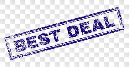 BEST DEAL stamp seal print with rubber print style and double framed rectangle shape. Stamp is placed on a transparent background. Blue vector rubber print of BEST DEAL tag with dirty texture.のイラスト素材