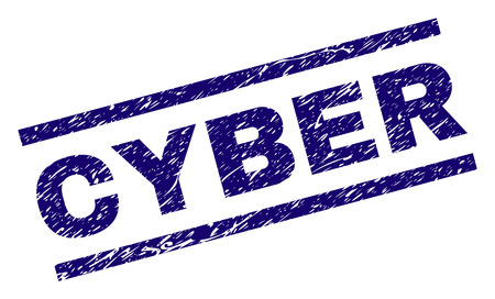 CYBER seal watermark with grunge style. Blue vector rubber print of CYBER title with grunge texture. Text label is placed between parallel lines.のイラスト素材