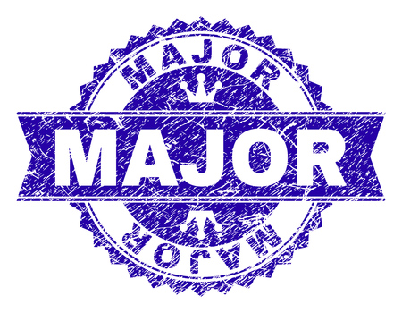 MAJOR rosette seal overlay with distress style. Designed with round rosette, ribbon and small crowns. Blue vector rubber watermark of MAJOR label with dust style.のイラスト素材