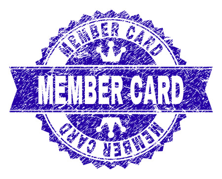 MEMBER CARD rosette seal imprint with grunge style. Designed with round rosette, ribbon and small crowns. Blue vector rubber watermark of MEMBER CARD caption with scratched style.のイラスト素材