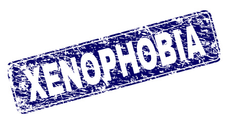 XENOPHOBIA stamp seal print with grunge style. Seal shape is a rounded rectangle with frame. Blue vector rubber print of XENOPHOBIA title with grunge texture.のイラスト素材