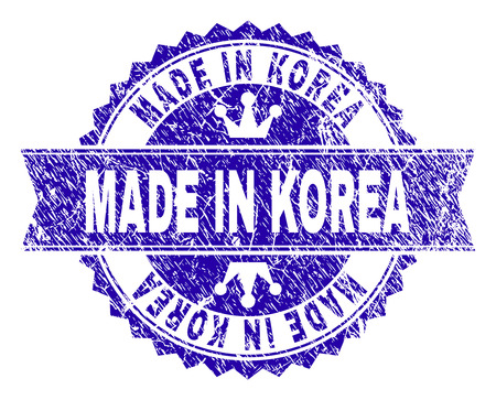 MADE IN KOREA rosette seal overlay with grunge style. Designed with round rosette, ribbon and small crowns. Blue vector rubber watermark of MADE IN KOREA tag with grunge style.のイラスト素材