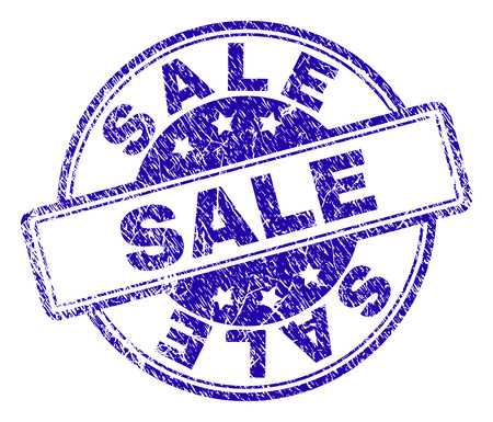 SALE stamp seal imprint with distress texture. Designed with rounded rectangles and circles. Blue vector rubber print of SALE caption with unclean texture.のイラスト素材