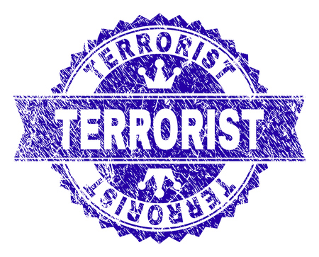 TERRORIST rosette stamp watermark with grunge style. Designed with round rosette, ribbon and small crowns. Blue vector rubber watermark of TERRORIST tag with unclean style.のイラスト素材