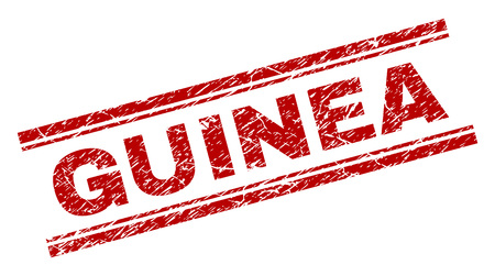 GUINEA seal print with grunge effect. Red vector rubber print of GUINEA text with grunge texture. Text title is placed between double parallel lines.のイラスト素材