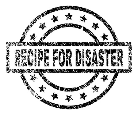RECIPE FOR DISASTER stamp seal watermark with distress style. Designed with rectangle, circles and stars. Black vector rubber print of RECIPE FOR DISASTER label with dirty texture.のイラスト素材
