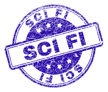 SCI FI stamp seal watermark with distress texture. Designed with rounded rectangles and circles. Blue vector rubber print of SCI FI label with dust texture.のイラスト素材