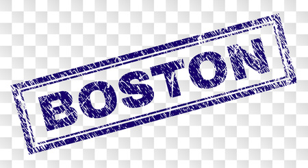 BOSTON stamp seal watermark with rubber print style and double framed rectangle shape. Stamp is placed on a transparent background. Blue vector rubber print of BOSTON title with retro texture.のイラスト素材