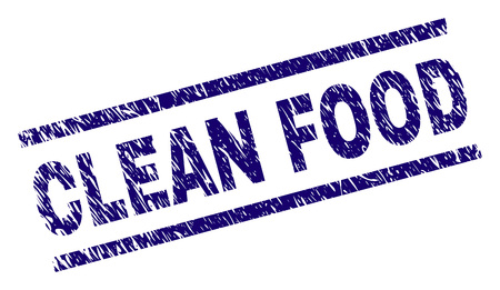 CLEAN FOOD seal print with scratced style. Blue vector rubber print of CLEAN FOOD tag with unclean texture. Text tag is placed between parallel lines.のイラスト素材