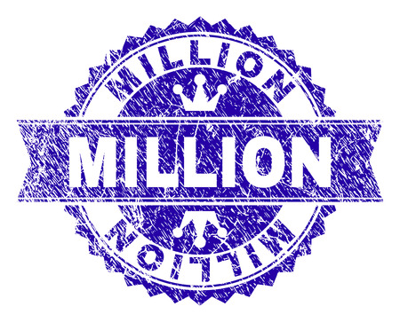 MILLION rosette stamp seal overlay with grunge style. Designed with round rosette, ribbon and small crowns. Blue vector rubber watermark of MILLION label with grunge style.のイラスト素材