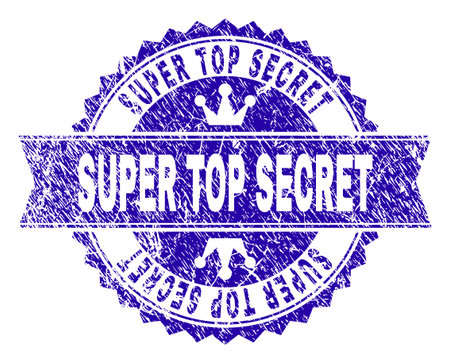 SUPER TOP SECRET rosette stamp seal overlay with grunge texture. Designed with round rosette, ribbon and small crowns. Blue vector rubber watermark of SUPER TOP SECRET caption with dust texture.のイラスト素材