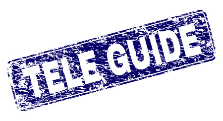 TELE GUIDE stamp seal print with distress style. Seal shape is a rounded rectangle with frame. Blue vector rubber print of TELE GUIDE title with corroded style.のイラスト素材