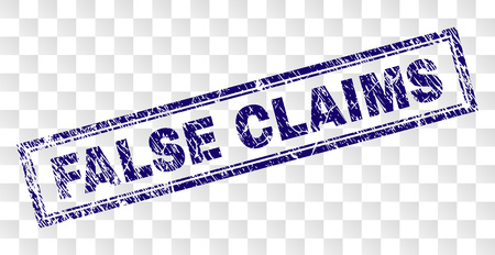 FALSE CLAIMS stamp seal print with rubber print style and double framed rectangle shape. Stamp is placed on a transparent background. Blue vector rubber print of FALSE CLAIMS text with dirty texture.のイラスト素材