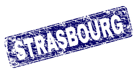 STRASBOURG stamp seal print with distress style. Seal shape is a rounded rectangle with frame. Blue vector rubber print of STRASBOURG tag with dust style.のイラスト素材