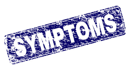 SYMPTOMS stamp seal print with distress style. Seal shape is a rounded rectangle with frame. Blue vector rubber print of SYMPTOMS title with dust style.のイラスト素材