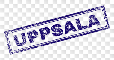UPPSALA stamp seal print with dirty style and double framed rectangle shape. Stamp is placed on a transparent background. Blue vector rubber print of UPPSALA caption with dirty texture.のイラスト素材