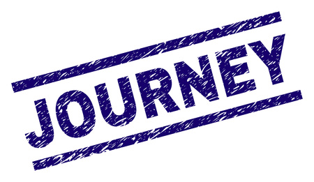 JOURNEY seal print with scratced style. Blue vector rubber print of JOURNEY title with unclean texture. Text title is placed between parallel lines.のイラスト素材
