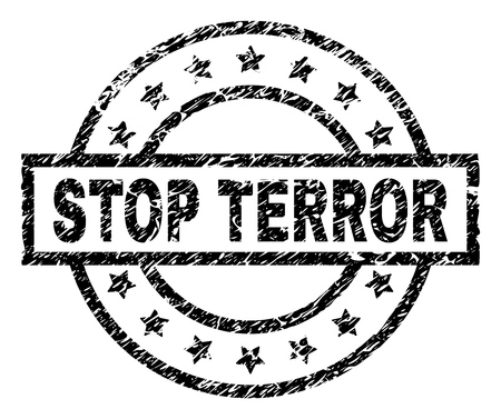 STOP TERROR stamp seal watermark with distress style. Designed with rectangle, circles and stars. Black vector rubber print of STOP TERROR text with scratched texture.のイラスト素材