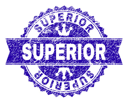SUPERIOR rosette stamp overlay with grunge style. Designed with round rosette, ribbon and small crowns. Blue vector rubber print of SUPERIOR caption with grunge style.のイラスト素材