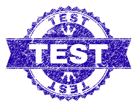 TEST rosette seal watermark with grunge style. Designed with round rosette, ribbon and small crowns. Blue vector rubber print of TEST tag with grunge style.のイラスト素材