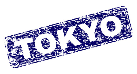 TOKYO stamp seal watermark with grunge texture. Seal shape is a rounded rectangle with frame. Blue vector rubber print of TOKYO caption with grunge texture.のイラスト素材