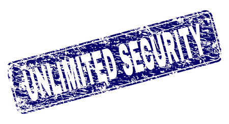 UNLIMITED SECURITY stamp seal imprint with grunge style. Seal shape is a rounded rectangle with frame. Blue vector rubber print of UNLIMITED SECURITY label with grunge style.のイラスト素材