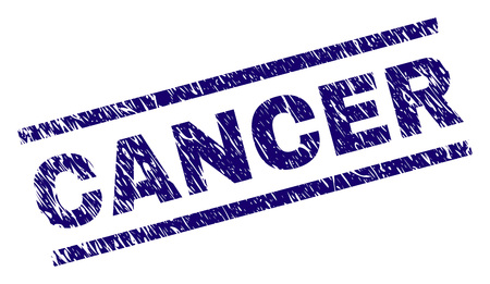 CANCER seal imprint with grunge style. Blue vector rubber print of CANCER label with retro texture. Text label is placed between parallel lines.のイラスト素材