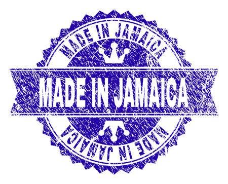 MADE IN JAMAICA rosette stamp watermark with grunge texture. Designed with round rosette, ribbon and small crowns. Blue vector rubber watermark of MADE IN JAMAICA tag with dirty style.のイラスト素材