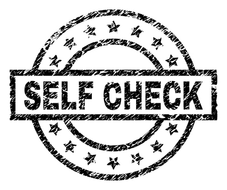 SELF CHECK stamp seal watermark with distress style. Designed with rectangle, circles and stars. Black vector rubber print of SELF CHECK title with dust texture.のイラスト素材