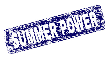 SUMMER POWER stamp seal print with grunge texture. Seal shape is a rounded rectangle with frame. Blue vector rubber print of SUMMER POWER tag with dirty texture.のイラスト素材