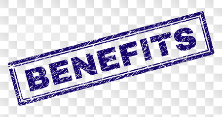BENEFITS stamp seal print with rubber print style and double framed rectangle shape. Stamp is placed on a transparent background. Blue vector rubber print of BENEFITS title with corroded texture.のイラスト素材