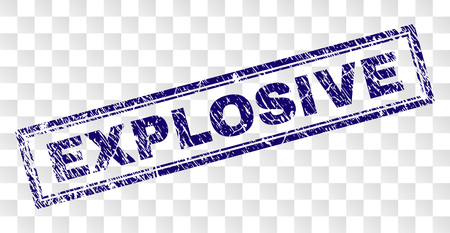 EXPLOSIVE stamp seal print with rubber print style and double framed rectangle shape. Stamp is placed on a transparent background. Blue vector rubber print of EXPLOSIVE caption with unclean texture.のイラスト素材