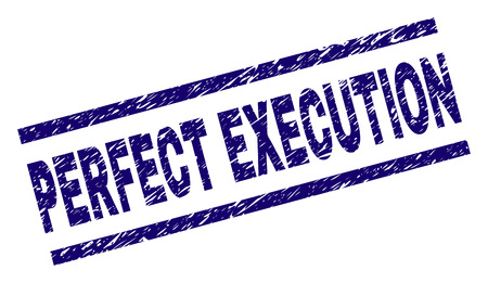 PERFECT EXECUTION seal print with grunge style. Blue vector rubber print of PERFECT EXECUTION text with grunge texture. Text caption is placed between parallel lines.のイラスト素材